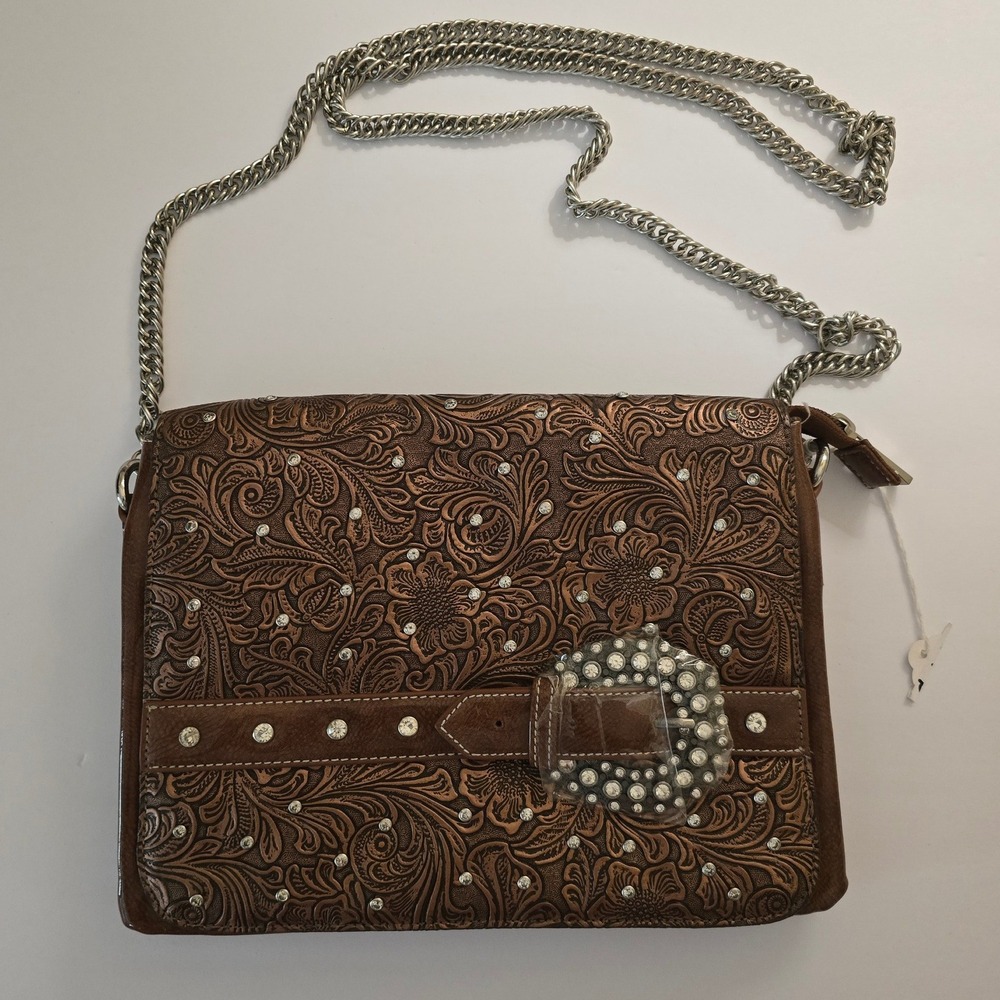 Western Embossed Buckle Crossbody Bag Bronze Brown Chain Strap w/ rhinestones - Picture 1 of 14